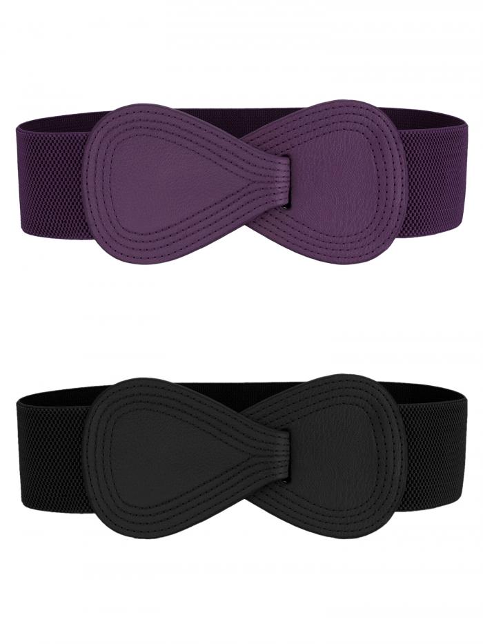 Allegra K 2Pcs Interlock 8-shaped Faux Leather Buckle Elastic Waist Belt for Lady Black & Dark Purple 100x6cm/39.4x2.36"(LxW)