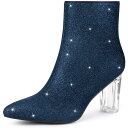 Allegra K アンクルブーツ スパンコール 光沢 クリア チャンキーヒール ポインテッドトゥ レディース ネイビーブルー 25.0 cm