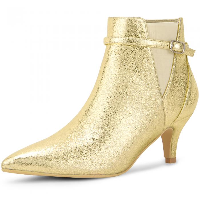 Allegra K レディース ポインテッドトゥ 伸縮性のあるキトンヒール アンクルブーツ ゴールド 24.0cm