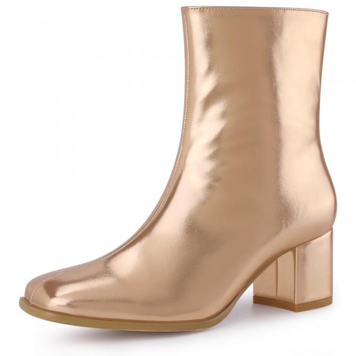 Allegra K レディース スクエアトゥ チャンキーヒール サイドジップ アンクルブーツ ローズゴールド 22.5cm