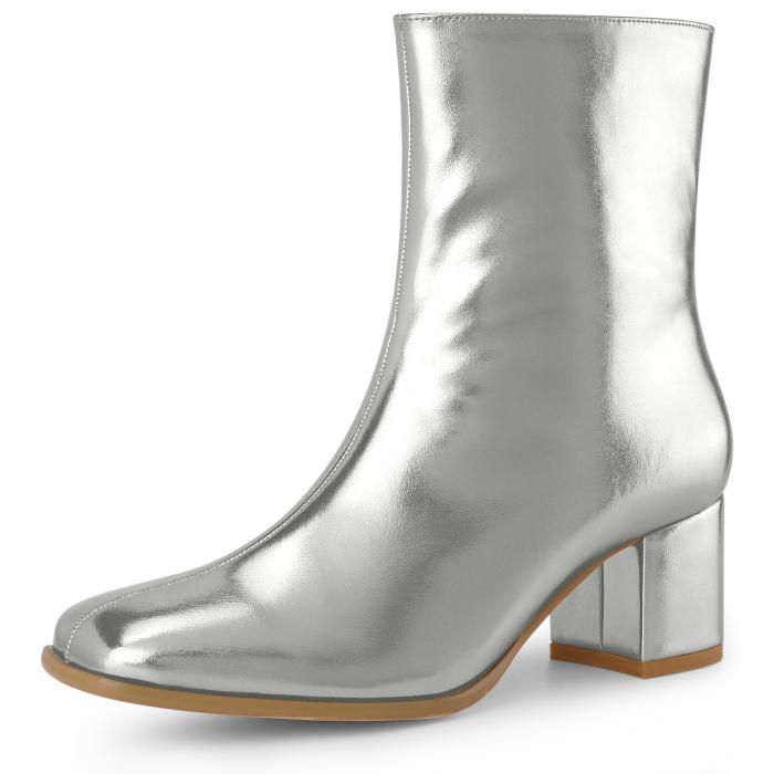 Allegra K レディース スクエアトゥ チャンキーヒール サイドジップ アンクルブーツ シルバー 24.5cm
