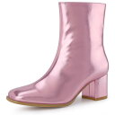 Allegra K レディース スクエアトゥ チャンキーヒール サイドジップ アンクルブーツ ピンク 25.5cm(4)