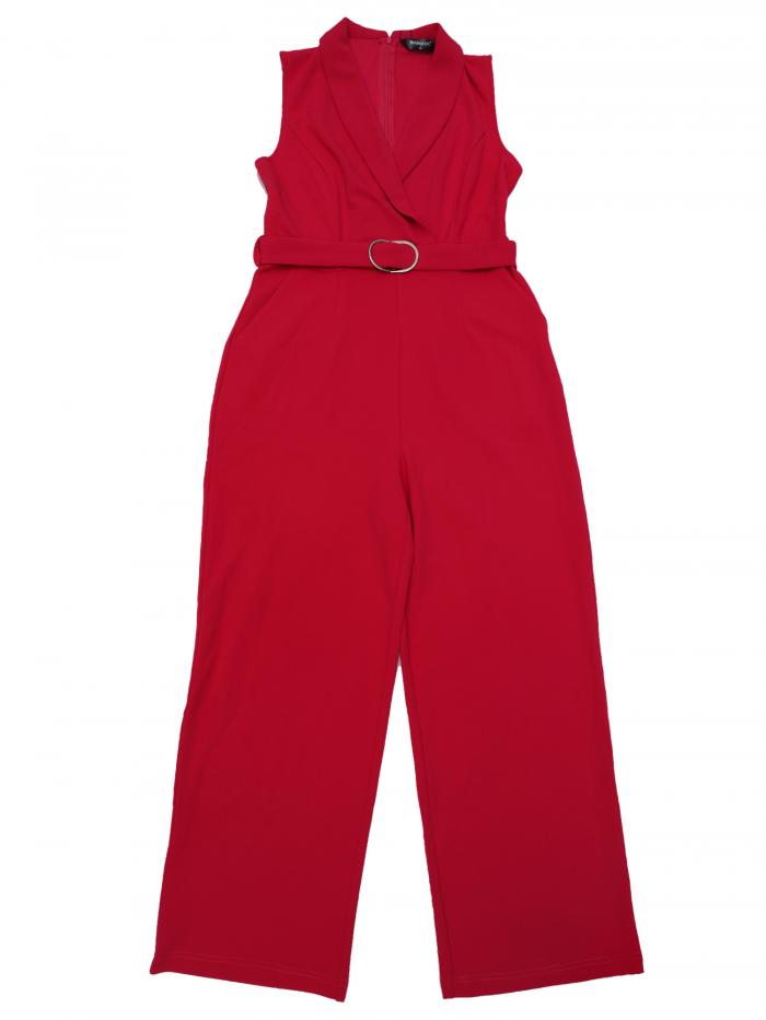 Allegra K ジャンプスーツ ロンパース サロヘ゜ットパンツ 無地 ノースリーブ Vネック オフィス ベルト付き レディース ホットピンク XS