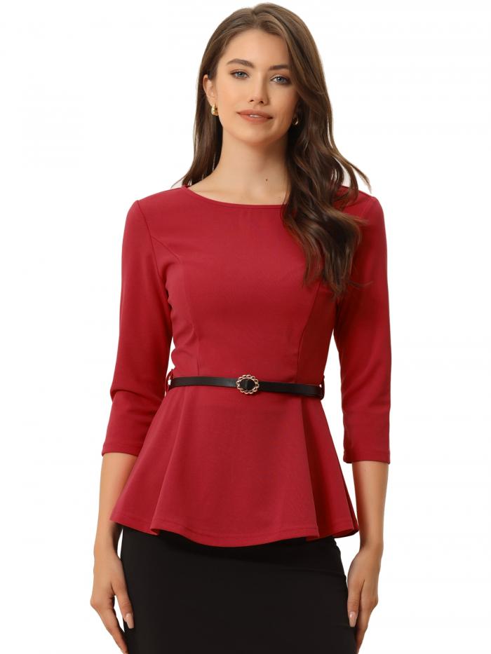 Allegra K ブラウス ペプラムトップス ラウンドネック 七分袖シャツ ベルト付き エレガント ワーク レディース レッド S(4)