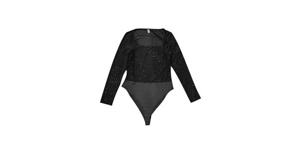 Allegra K レディース パーティーボディスーツ メタリック シャイニー ドット スクエアネック 長袖トップ ブラック XL