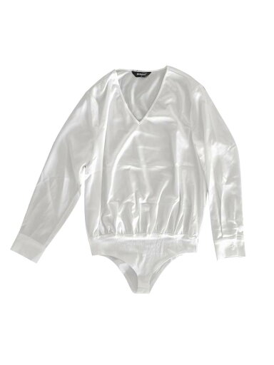 Allegra K レディース サテンレオタード Vネック 長袖 フォーマルボディスーツ トップス Tシャツ ホワイト XS Allegra K レディース サテンレオタード Vネック 長袖 フォーマルボディスーツ トップス Tシャツ ホワイト XS