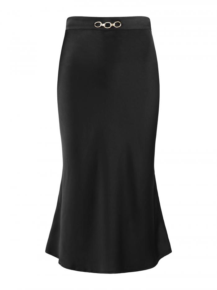 Hobemty レディース サテンスカート 伸縮性ウエスト 2024 カジュアル ワーク ゆったり ミディスカート ブラック M