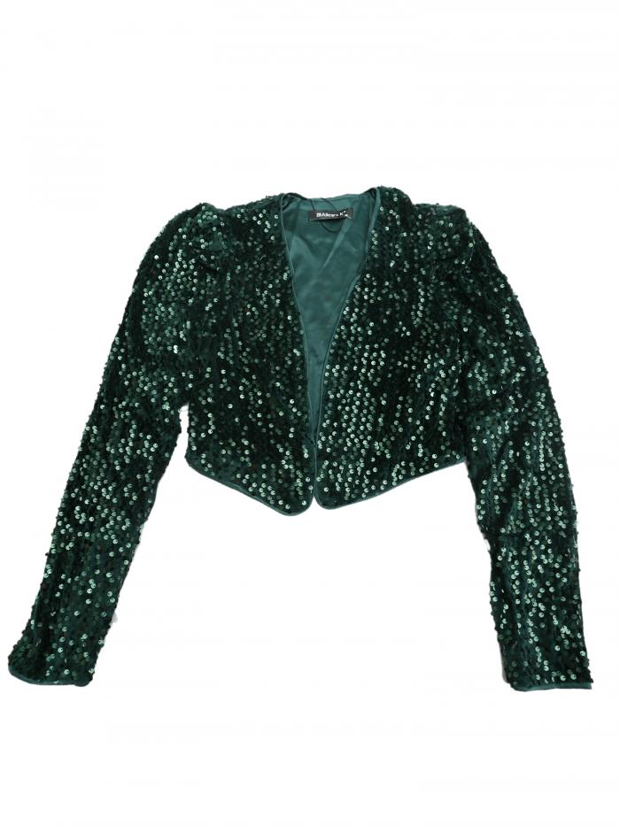 Allegra K スパンコールジャケット クロップドボレロ カーディガン オープンフロント クラブウェア レディース ダークグリーン S