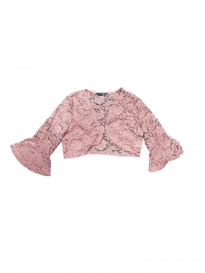 Allegra K レース カーディガン 花柄 クロップドシュラグトップス ボレロ ベルスリーブ オープンフロント エレガント レディース ダークピンク L