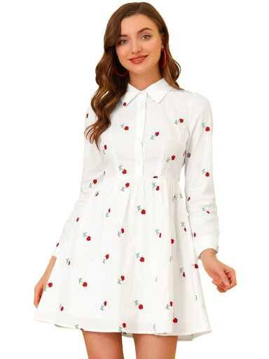 Allegra K ボタンシャツドレス 刺?花柄 ターンダウンカラー 長袖 レギュラーフィット レディース ホワイト 3XL Allegra K ボタンシャツドレス 刺?花柄 ターンダウンカラー 長袖 レギュラーフィット レディース ホワイト 3XL