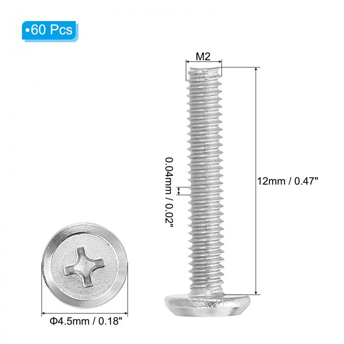 PATIKIL ラウンドヘッドプラスネジ 60個入り M2-0.4 x 12mm 304ステンレススチール18-8フルスレッド マシンスクリューファニチャースクリューコネクターボルト
