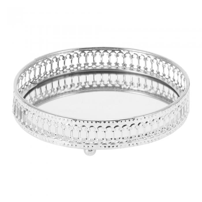 CAPASTEC ミラートレイ、ラウンドメタルパフュームトレイ、ガラストレイ、キャンドルトレイ、サービングトレイ、バーオフィスバスルーム用のデコラティブトレイ、小型、シルバートーン