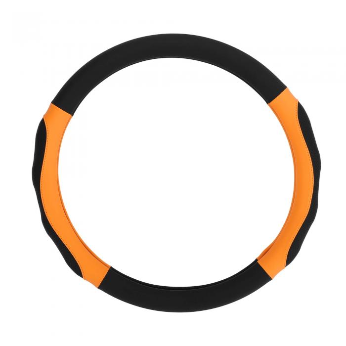 INFINAUTO ハンドルカバー 36.5-37.9cm 車用ステアリングカバー フェイクレザー ブラック オレンジ 1個