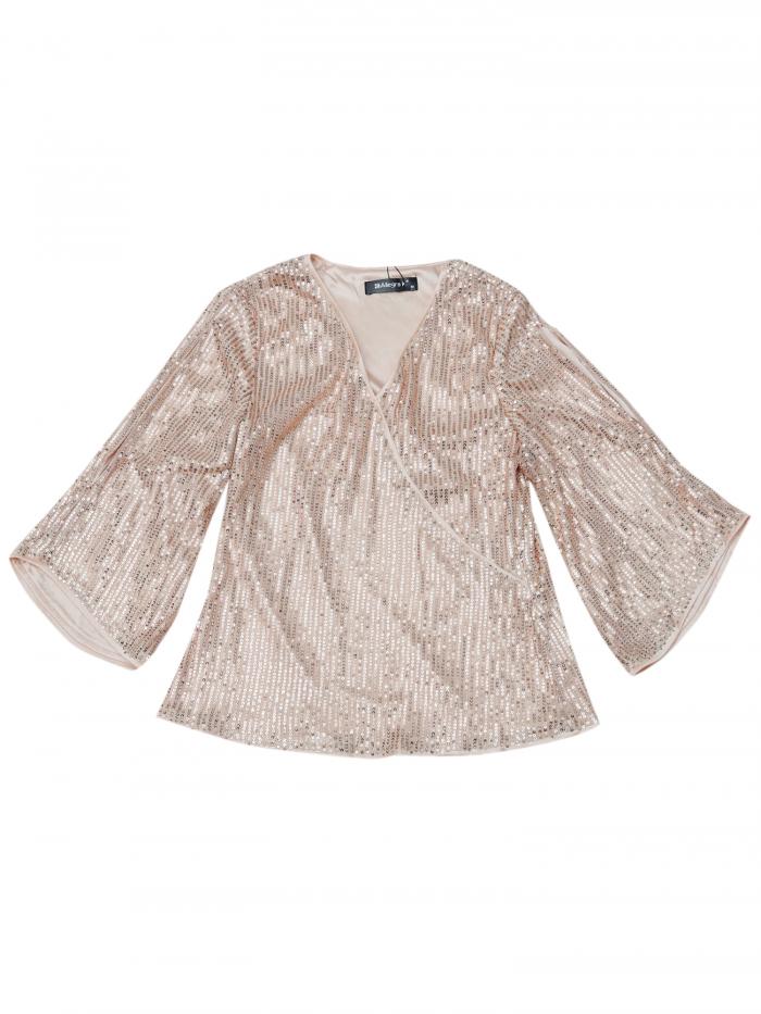 Allegra K レディース スパンコール トップス 3/4 スリーブ V ネック パーティー クラブ ディスコ 衣装 ブラウス トップス ゴールド M(4)