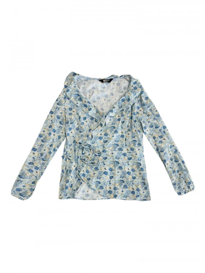 Allegra K ペプラム トップス 花柄 クロス フリルVネック ラップ カシュクール ブラウス レディース スカイブルー M
