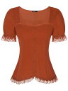 Allegra K カジュアルブラウス 半袖シャツ レーストップス ボタン ハートネック パフスリーブ ゴシック レディース カラメル S