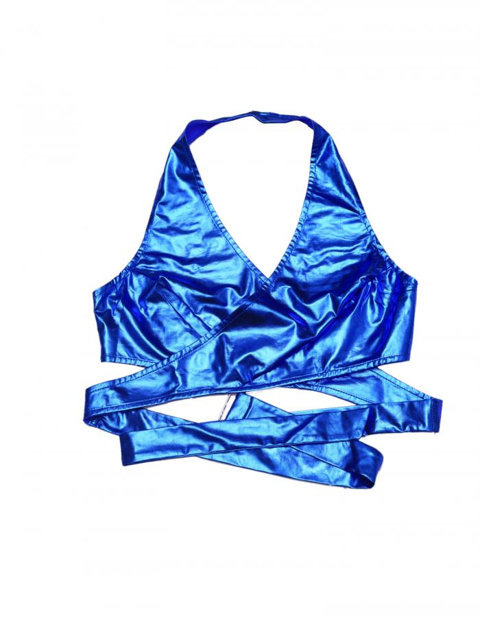 Allegra K クロップトップ タンクトップ ディープVネック ホログラフィック メタリック ホルターネック..