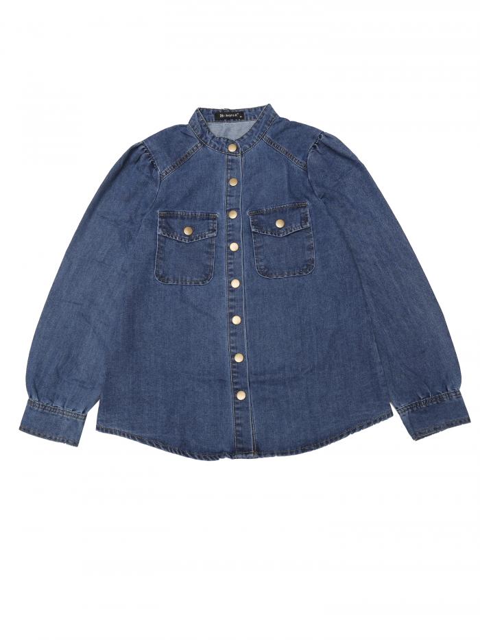 Allegra K レディース デニムジャケット モックネック パフ 長袖 ボタンダウン ジーンズ シャツ ブルー XL
