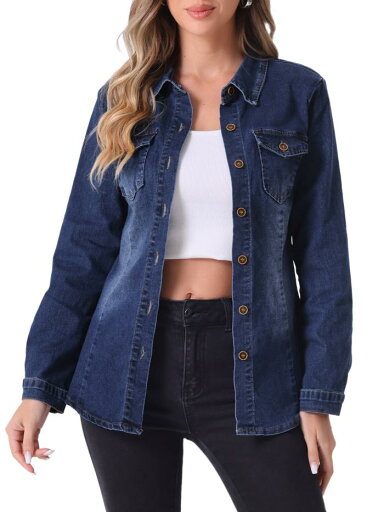 Allegra K デニムシャツ 長袖 ボタンダウン ポケット トレンディ ジーンズシャツ デニムトップス レディース ネイビーブルー L Allegra K デニムシャツ 長袖 ボタンダウン ポケット トレンディ ジーンズシャツ デニムトップス レディース ネイビーブルー L