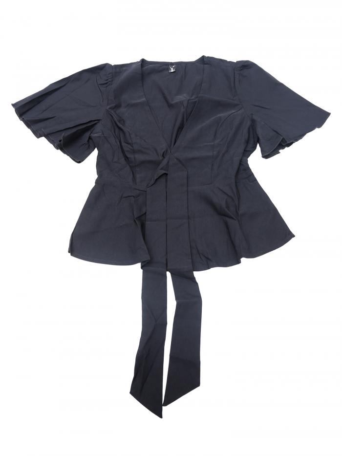 Allegra K ペプラム ブラウス フリルスリーブ 蝶ネクタイ装飾 Vネックのセクシー 無地トップス レディース ブラック L(4)