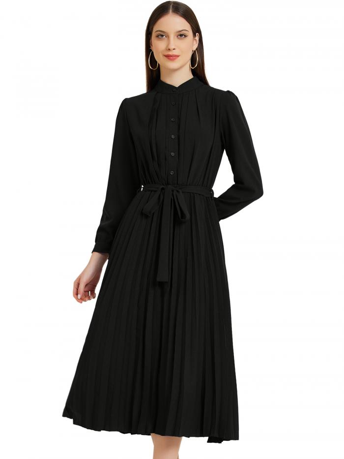 Allegra K レディース プリーツシャツドレス 長袖 モックネック Aライン ゆったり カジュアル ミディドレス ブラック M