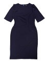 Allegra K レディース 半袖 ビジネス ワークドレス ルーシュドレス ダークブルー L(4)