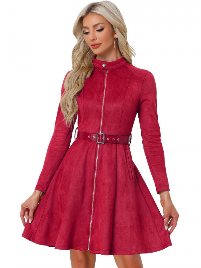 Allegra K 長袖 ドレス ワンピース フェイクスエード スタンドカラー ジップアップ ベルト付き 冠婚葬祭 レディース ダークレッド XL