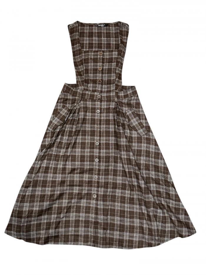Allegra K レディース用チェック柄オーバーオールドレス ヴィンテージ ノースリーブ Aライン ピナフォアドレス ブラウン S