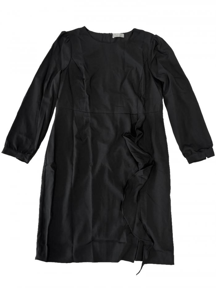 Hobemty 仕事着ワンピース ラウンドネック ブレスレットスリーブ フリルフロント ペンシルドレス レディース ブラック XL(4)