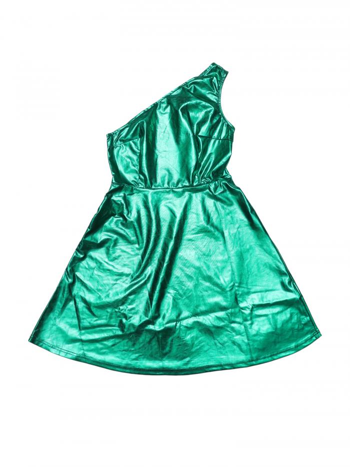 Allegra K ドレス ワンショルダー Aライン メタリック ノースリーブ パーティー ホログラフィック 膝丈 レディース グリーン M