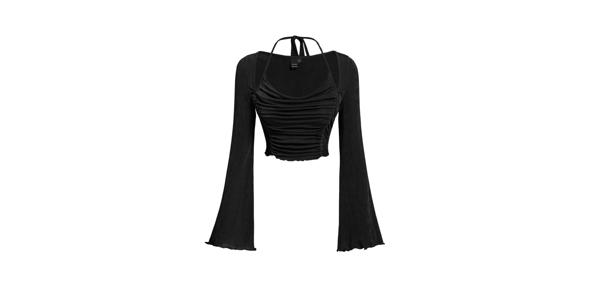 Allegra K レディース フラウンス ロングスリーブ ルーシュ タイバック 軽量 クロップトップ Tシャツ ブラウス ブラック M
