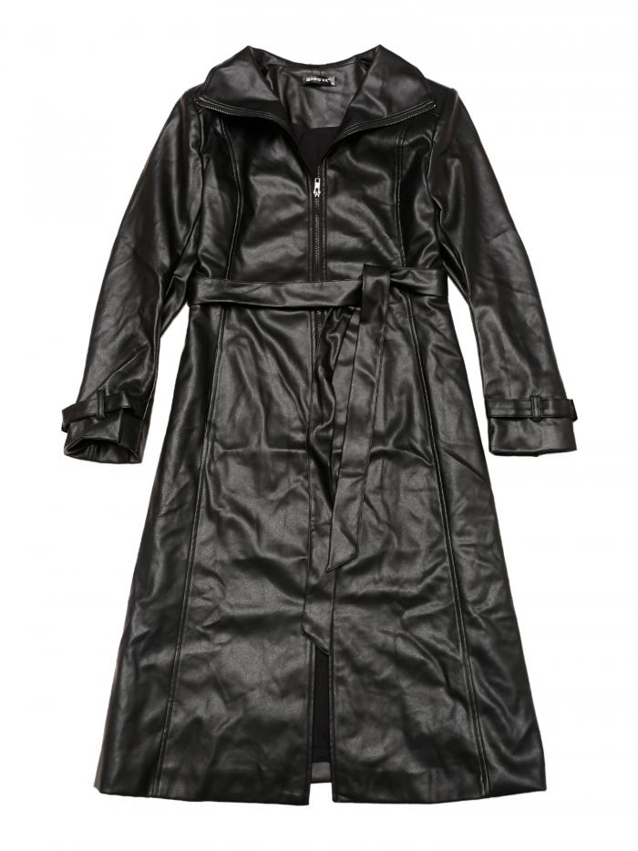Allegra K フェイクレザー ロングジャケット レディース ラペル 長袖 ジップ カジュアルコート ブラック XS