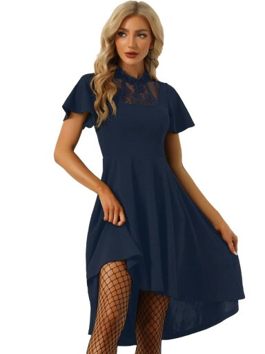 Allegra K ミディドレス レースワンピース フラッタースリーブ メッシュ ハイトネック カジュアル レディース ダークブルー XS Allegra K ミディドレス レースワンピース フラッタースリーブ メッシュ ハイトネック カジュアル レディース ダークブルー XS