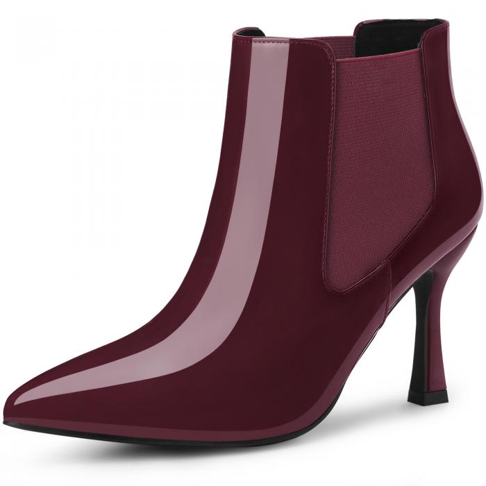 Allegra K レディース ポインテッドトゥ スティレットヒール チェルシー アンクルブーツ ブルゴーニュ 24.5cm
