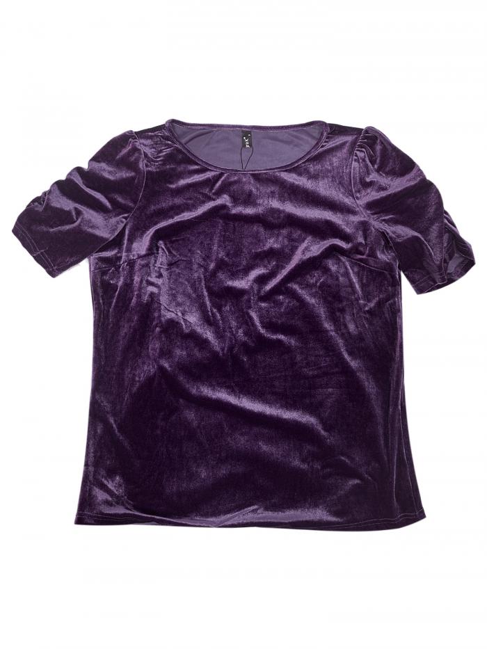 Allegra K レディース ベルベット トップス ラウンドネック パフ 半袖 パーティー クラブウェア ブラウス ダークパープル S