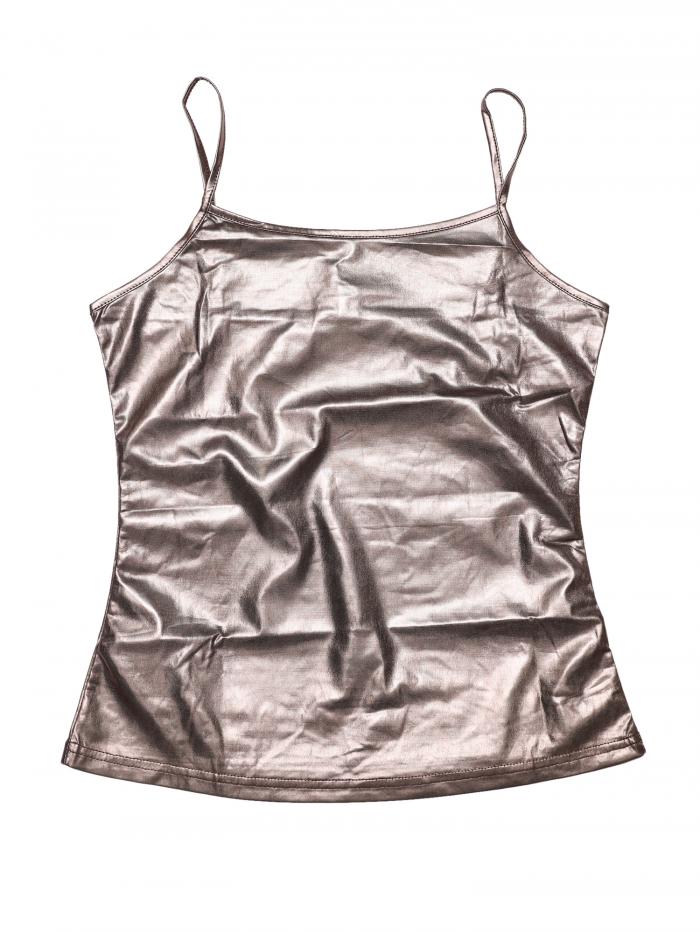 Allegra K キャミソール タンクトップ 光沢 ベスト ノースリーブ ダンス 衣装 パーティー メタリック シャツ レディース コーヒー色 L