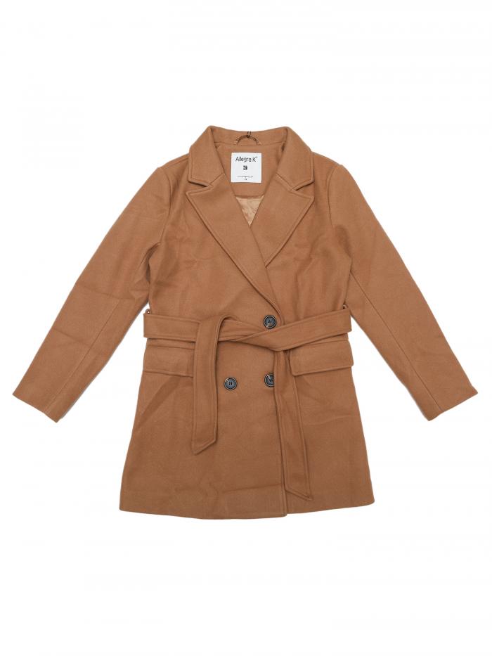 Allegra K トレンチコート ピーコート アウター ダブルブレスト ベルト付き ポケット レディース キャメル S