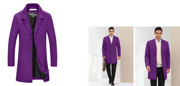 Lars Amadeus ロングピーコート オーバーコート トレンチコート ノッチラペル シングルブレスト クラシック メンズ パープル S