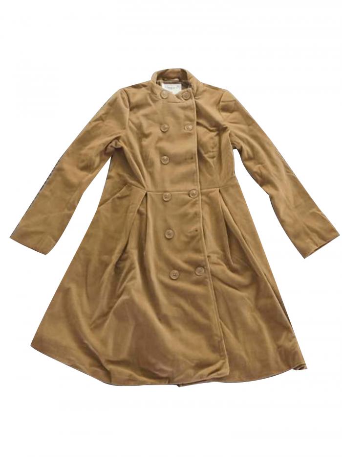 Allegra K コート ジャケット ベルベット 長袖 Aライン コート スタンドカラー ダブルブレスト 冬 トレンチ レディース カーキ M