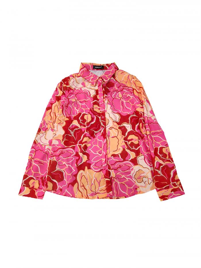 Allegra K 花柄シャツ ブラウス 長袖 おしゃれ ボタンダウン 通勤 オフィス カジュアル レディース ローズレッド XL