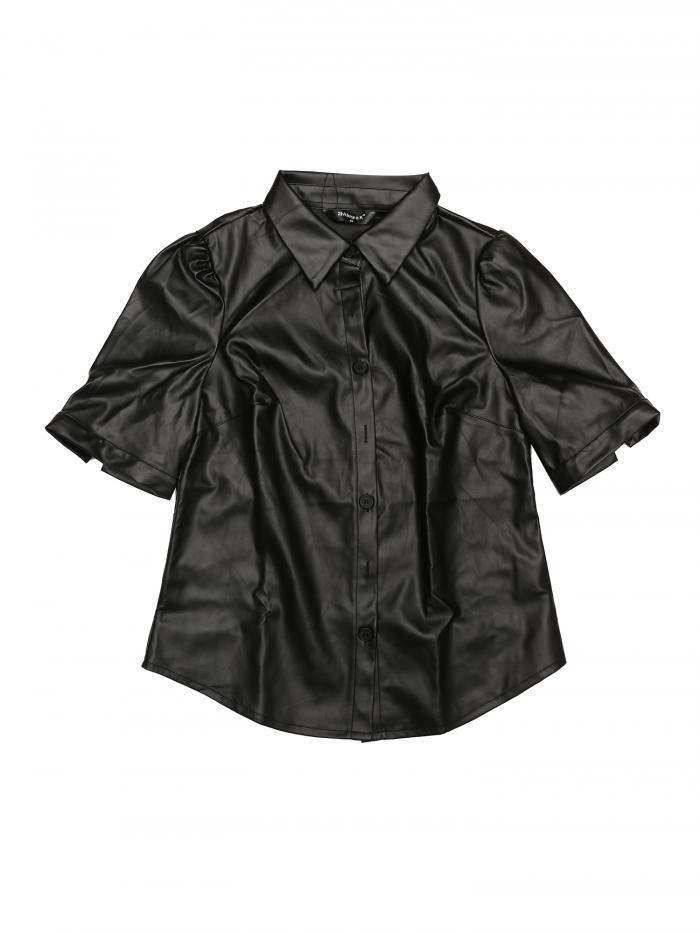 Allegra K レディース フェイクレザー シャツ ボタンダウン パフスリーブ PU ジャケット ブラウス ブラック XL