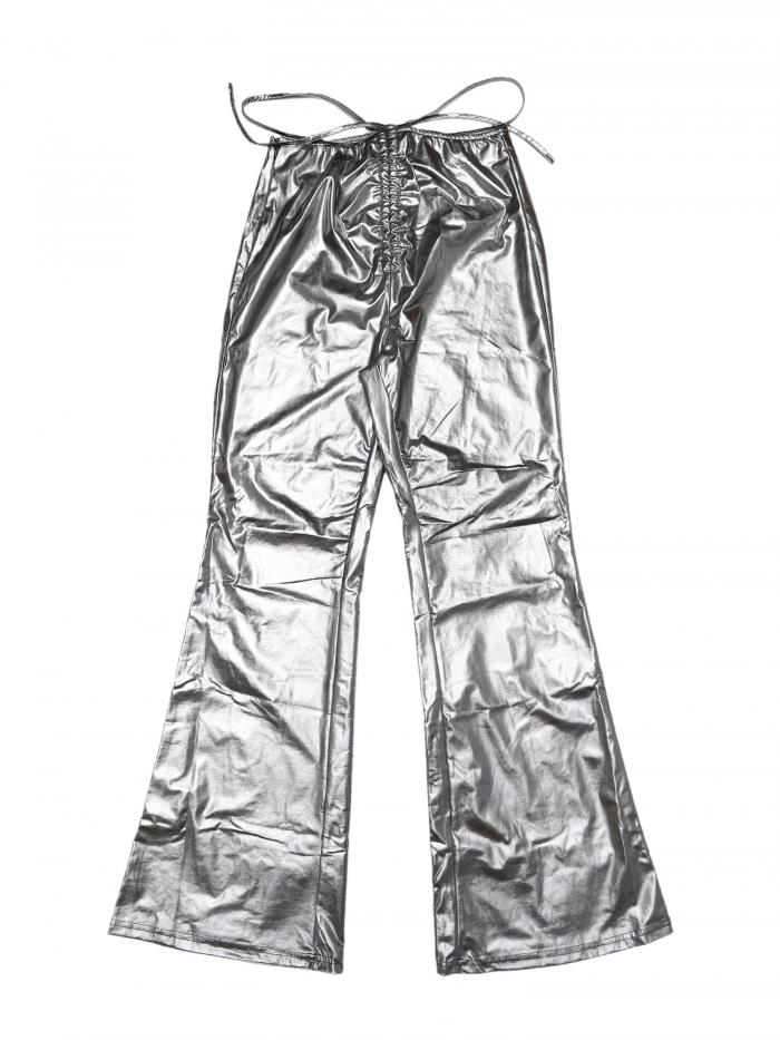 Allegra K レディース ドローストリング メタリック ワイドレッグパンツ ディスコ アウトフィット シルバー XL