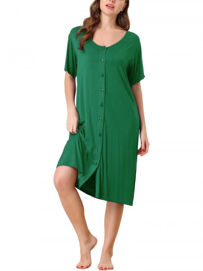 uxcell ナイトガウン パジャマドレス スリープシャツ 半袖 無地 ソフト モーダル ナイトシャツ ボタンダウン レディース ダークグリーン XS
