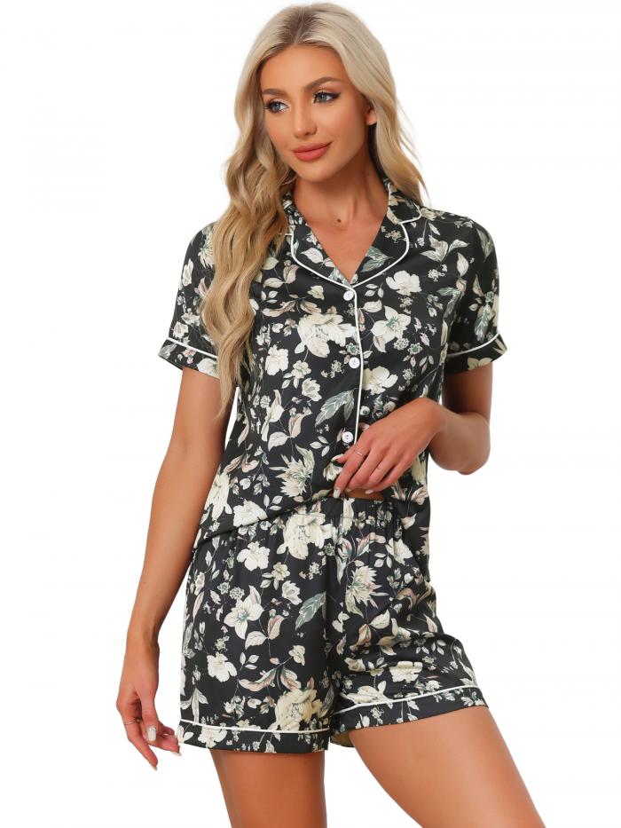 cheibear パジャマセット ルームウェア シルク 半袖トップス ショーツ 花柄セット レディース ブラック ホワイト XL