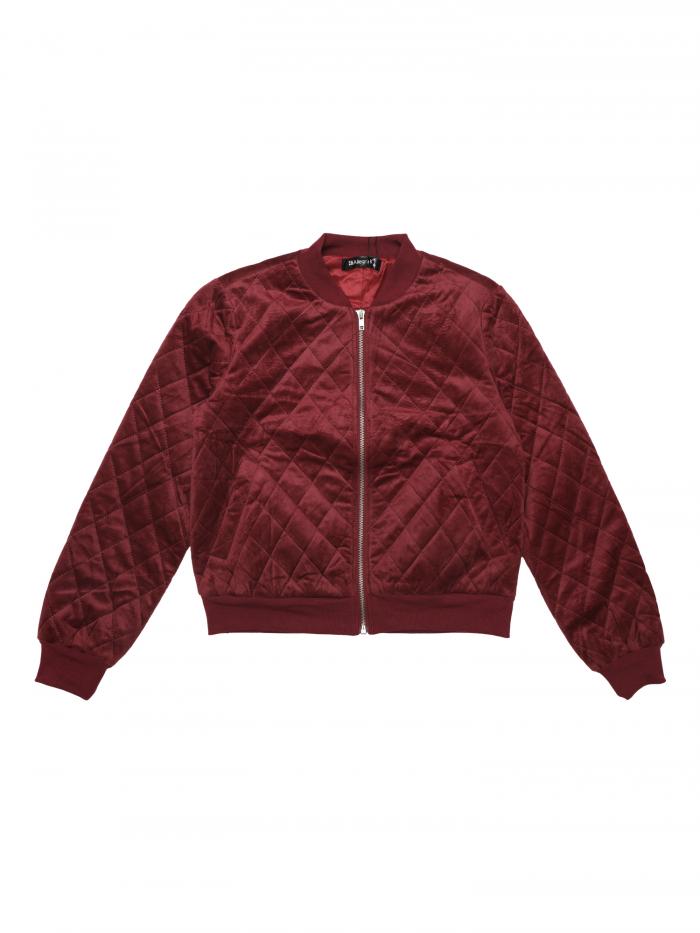 Allegra K ボンバージャケット ポケット付きコート 冬服 ベルベット表面 キルティング レディース ワインレッド M
