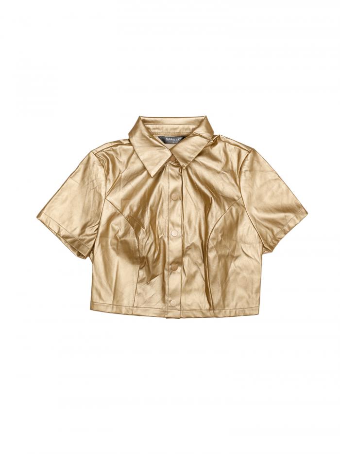 Allegra K クロップトップ ジャケット ブラウス PU レザー 半袖 ボタンダウン シャツ ブラウス レディース ゴールド XS