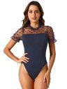 Allegra K 水玉柄 メッシュ シアー シャツ 半袖 スキニー パーティー ボディスーツ トップ レディース ダークブルー XS