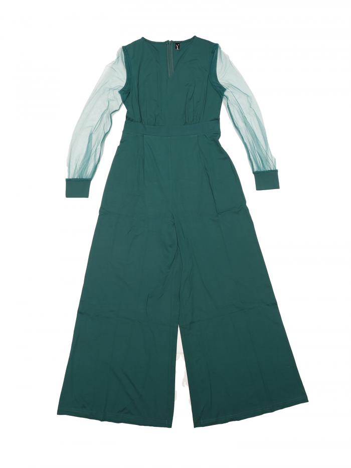 Allegra K ジャンプスーツ ワイドレッグ ロンパース エレガント V ネック メッシュ長袖 ルーズ パーティー レディース ダークグリーン XS