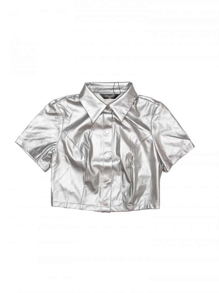 Allegra K クロップトップ ジャケット ブラウス PU レザー 半袖 ボタンダウン シャツ ブラウス レディース シルバー S