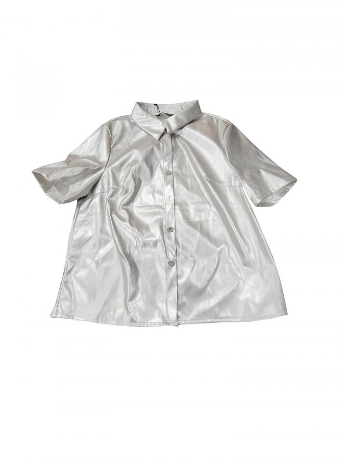 Allegra K PUレザーボタンダウンシャツ レディース 半袖 カラーブラウス ジャケット パーティークラブトップス シルバー XS